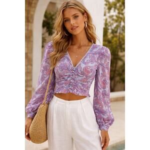 NWT Jessica Simpson Laira Paisley Crop Smocked Boho Long Sleeve Blouse XS
